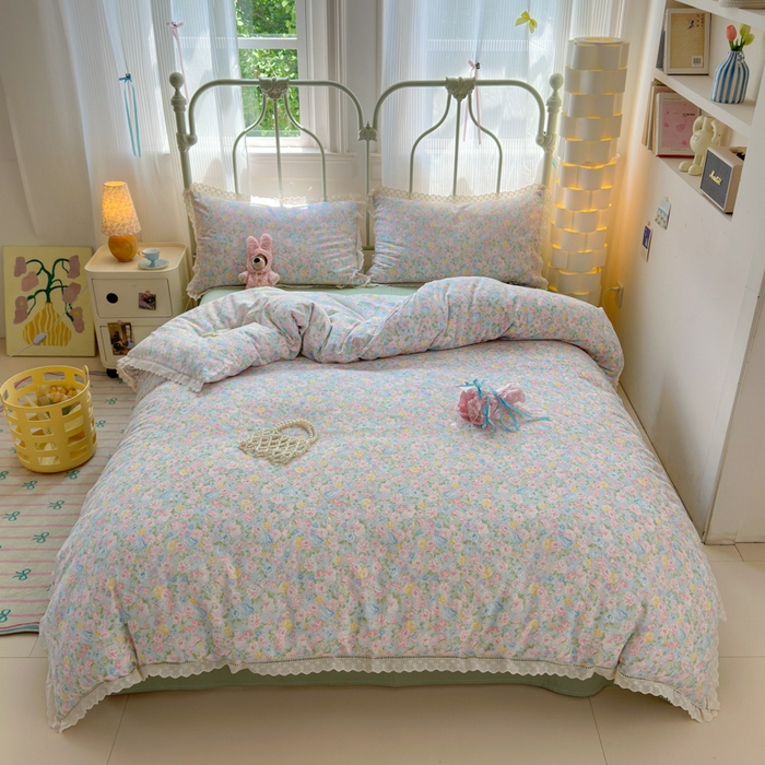 91家纺网 家纺一手货源 找家纺 曼之夏 2025新款小清新全棉双层纱四件套 小满