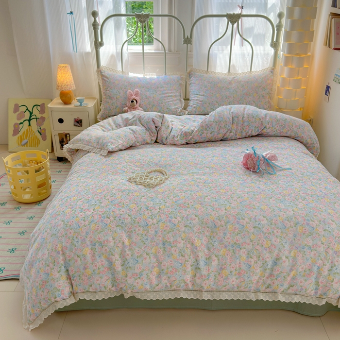 91家纺网 家纺一手货源 找家纺 曼之夏 2025新款小清新全棉双层纱四件套 小满