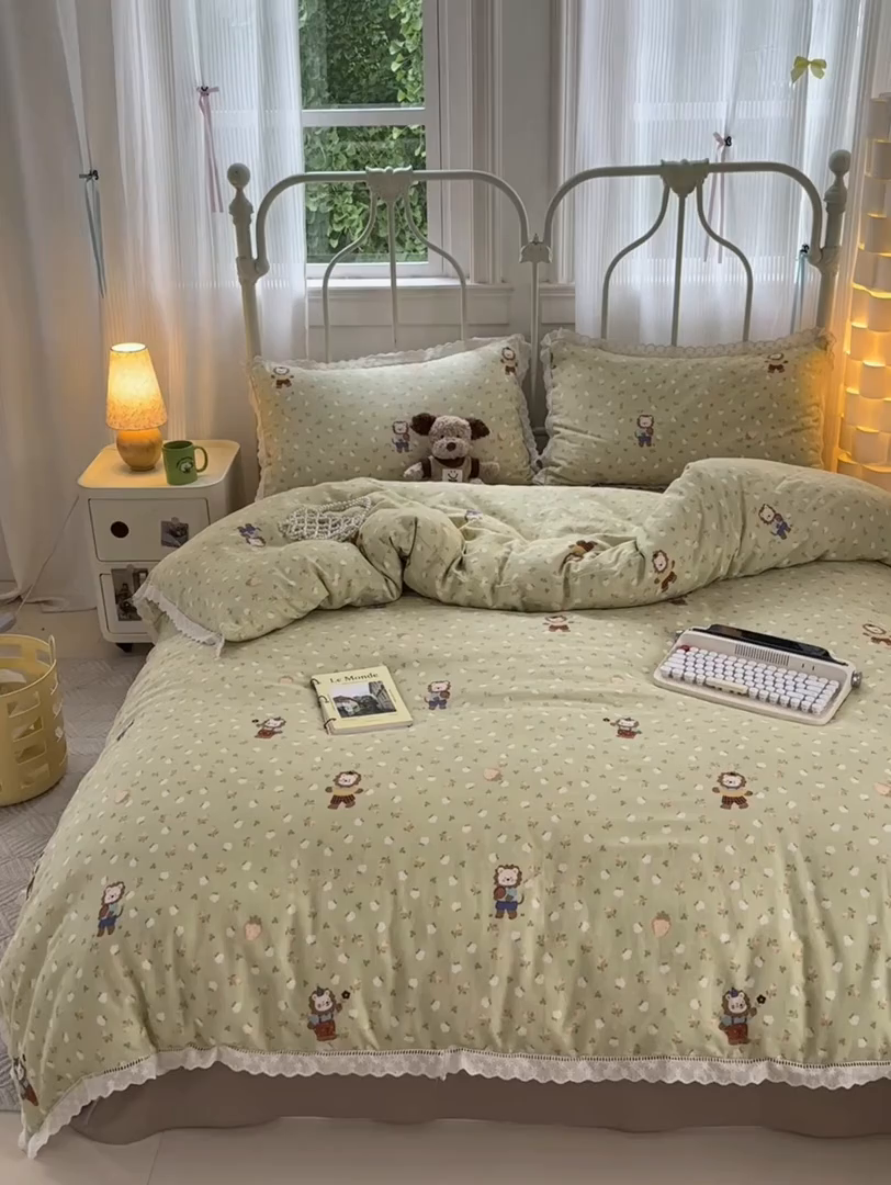 91家纺网 家纺一手货源 找家纺 曼之夏 2025新款小清新全棉双层纱四件套 辛巴