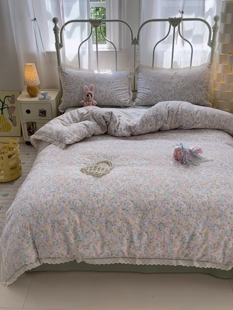 91家纺网 家纺一手货源 找家纺 曼之夏 2025新款小清新全棉双层纱四件套 小满