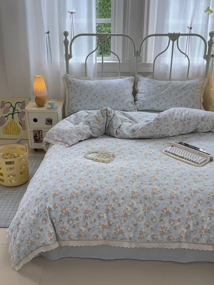 91家纺网 家纺一手货源 找家纺 曼之夏 2025新款小清新全棉双层纱四件套 夏日限定