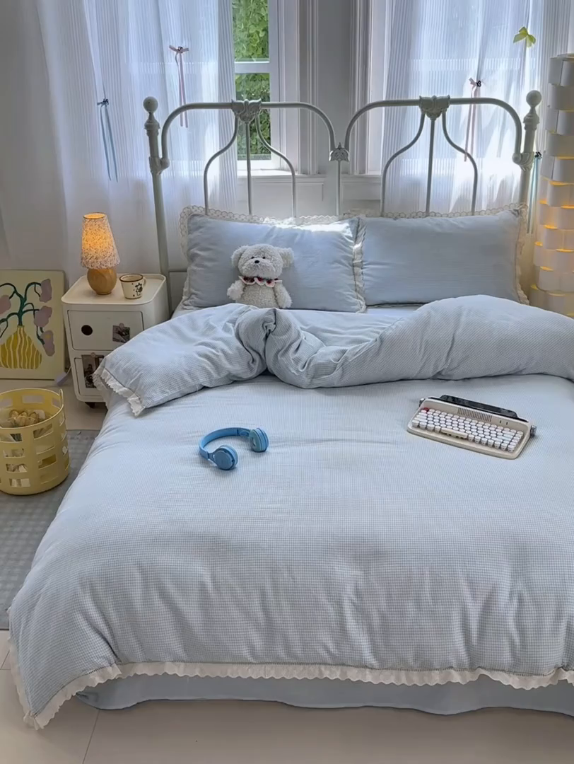 91家纺网 家纺一手货源 找家纺 曼之夏 2025新款小清新全棉双层纱四件套 吾欢喜