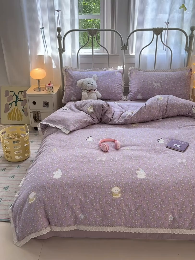 91家纺网 家纺一手货源 找家纺 曼之夏 2025新款小清新全棉双层纱四件套 碎花西高地