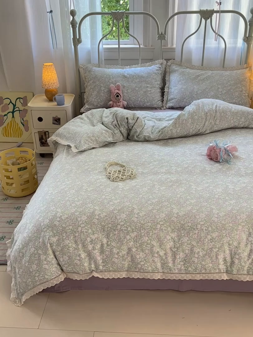 91家纺网 家纺一手货源 找家纺 曼之夏 2025新款小清新全棉双层纱四件套 如愿