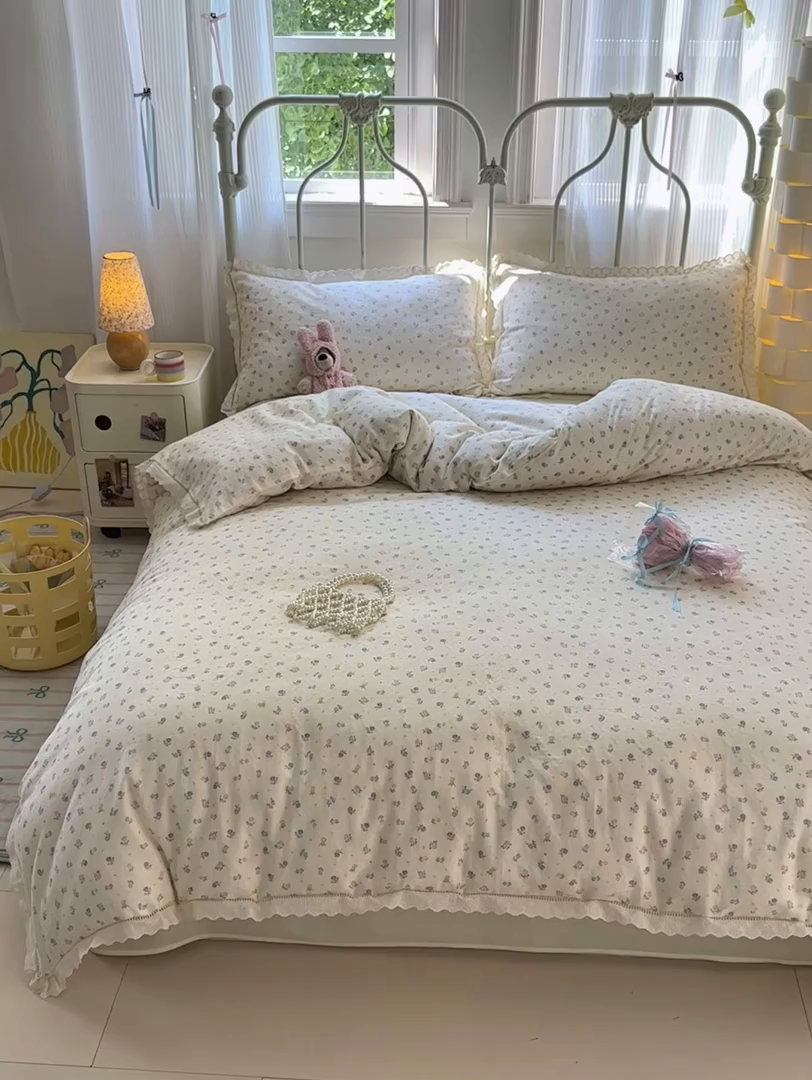 91家纺网 家纺一手货源 找家纺 曼之夏 2025新款小清新全棉双层纱四件套 晴天