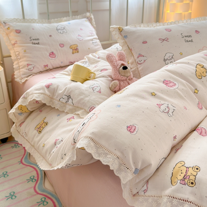 曼之夏 2025新款小清新全棉双层纱四件套 泡芙狗
