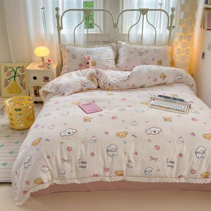 91家纺网 家纺一手货源 找家纺 曼之夏 2025新款小清新全棉双层纱四件套 泡芙狗