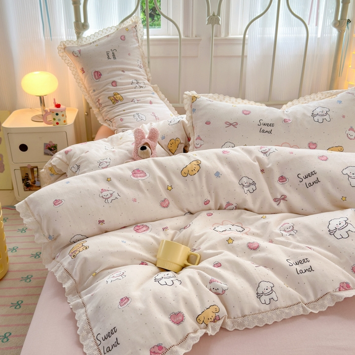 91家纺网 家纺一手货源 找家纺 曼之夏 2025新款小清新全棉双层纱四件套 泡芙狗