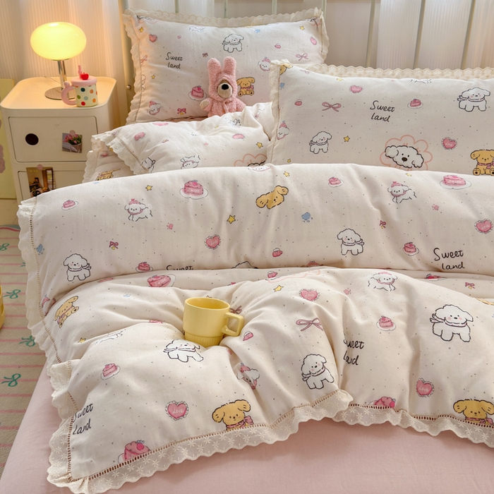 91家纺网 家纺一手货源 找家纺 曼之夏 2025新款小清新全棉双层纱四件套 泡芙狗