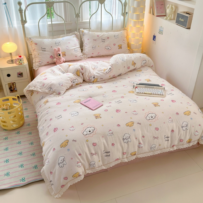 91家纺网 家纺一手货源 找家纺 曼之夏 2025新款小清新全棉双层纱四件套 泡芙狗