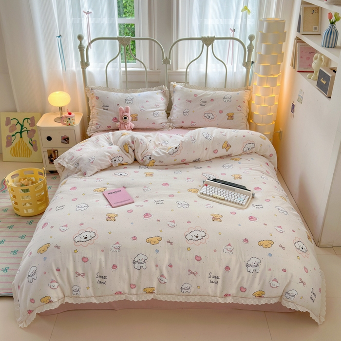 91家纺网 家纺一手货源 找家纺 曼之夏 2025新款小清新全棉双层纱四件套 泡芙狗