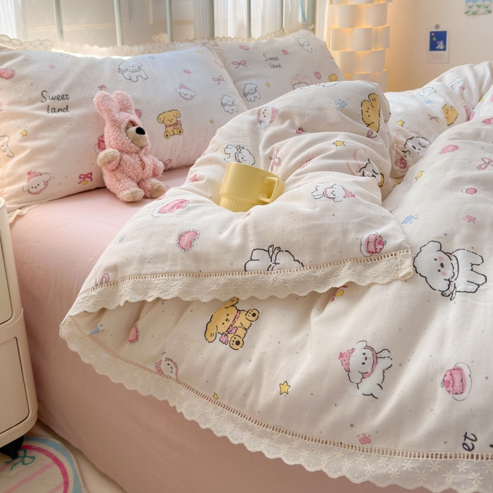 91家纺网 家纺一手货源 找家纺 曼之夏 2025新款小清新全棉双层纱四件套 泡芙狗