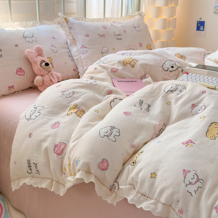 91家纺网 家纺一手货源 找家纺 曼之夏 2025新款小清新全棉双层纱四件套 泡芙狗