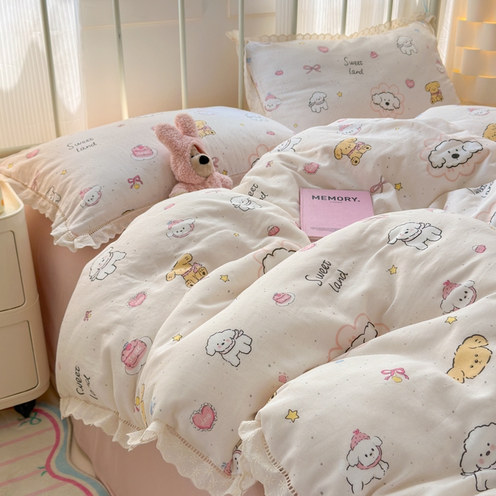 91家纺网 家纺一手货源 找家纺 曼之夏 2025新款小清新全棉双层纱四件套 泡芙狗