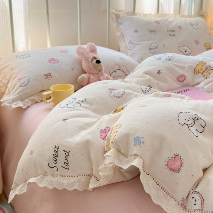 91家纺网 家纺一手货源 找家纺 曼之夏 2025新款小清新全棉双层纱四件套 泡芙狗