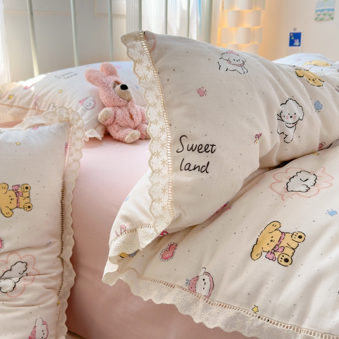 91家纺网 家纺一手货源 找家纺 曼之夏 2025新款小清新全棉双层纱四件套 泡芙狗