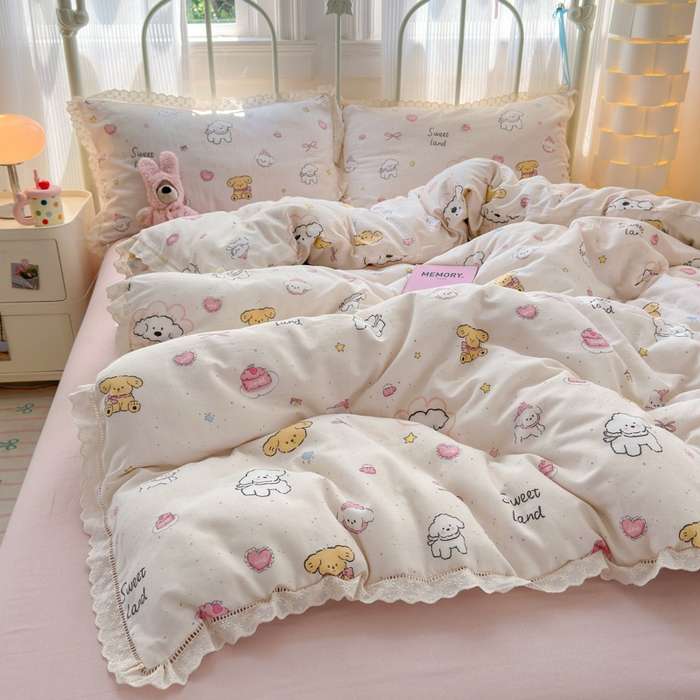 91家纺网 家纺一手货源 找家纺 曼之夏 2025新款小清新全棉双层纱四件套 泡芙狗