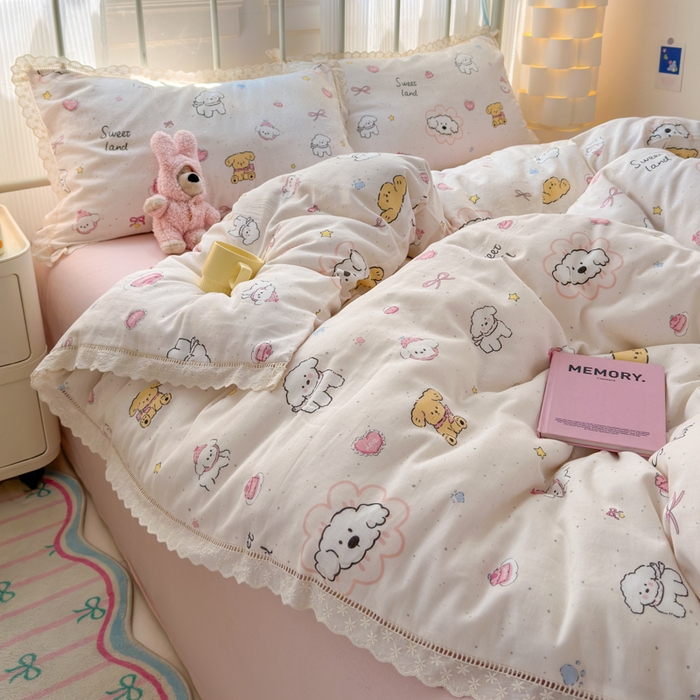 91家纺网 家纺一手货源 找家纺 曼之夏 2025新款小清新全棉双层纱四件套 泡芙狗