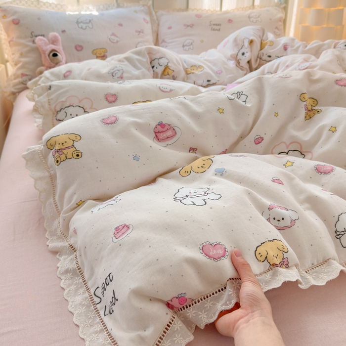 91家纺网 家纺一手货源 找家纺 曼之夏 2025新款小清新全棉双层纱四件套 泡芙狗