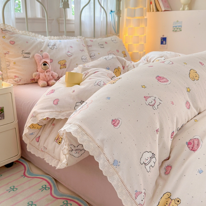 91家纺网 家纺一手货源 找家纺 曼之夏 2025新款小清新全棉双层纱四件套 泡芙狗