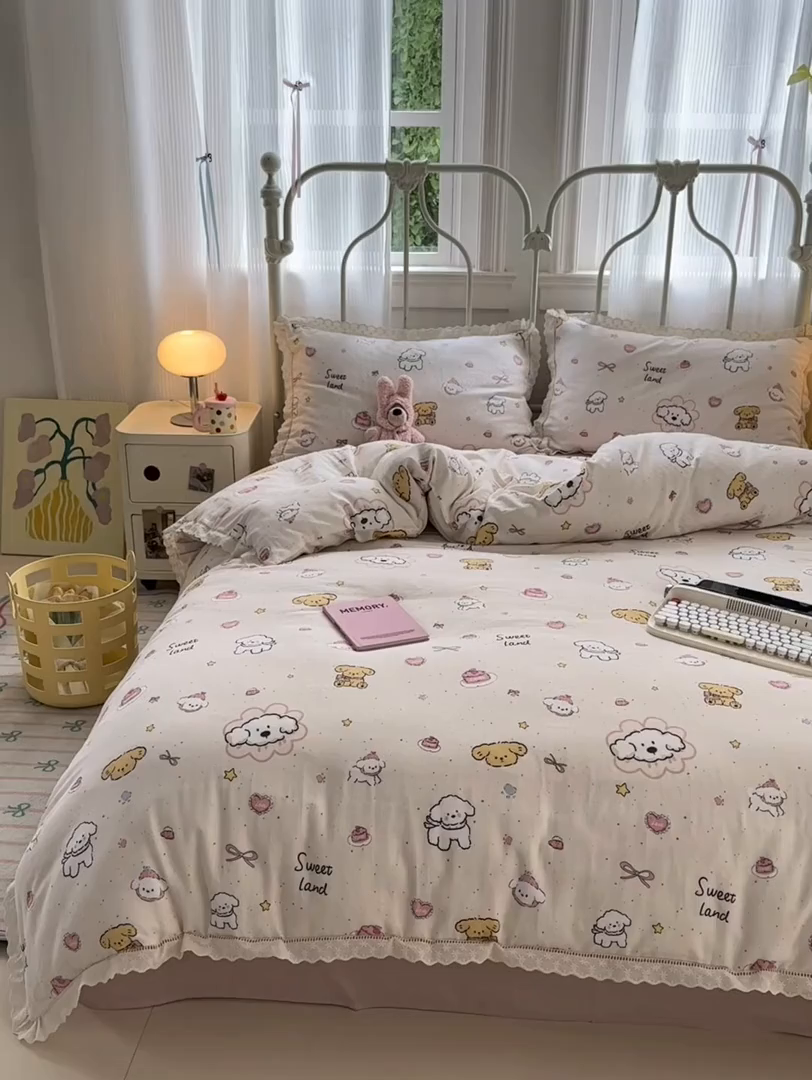 91家纺网 家纺一手货源 找家纺 曼之夏 2025新款小清新全棉双层纱四件套 泡芙狗