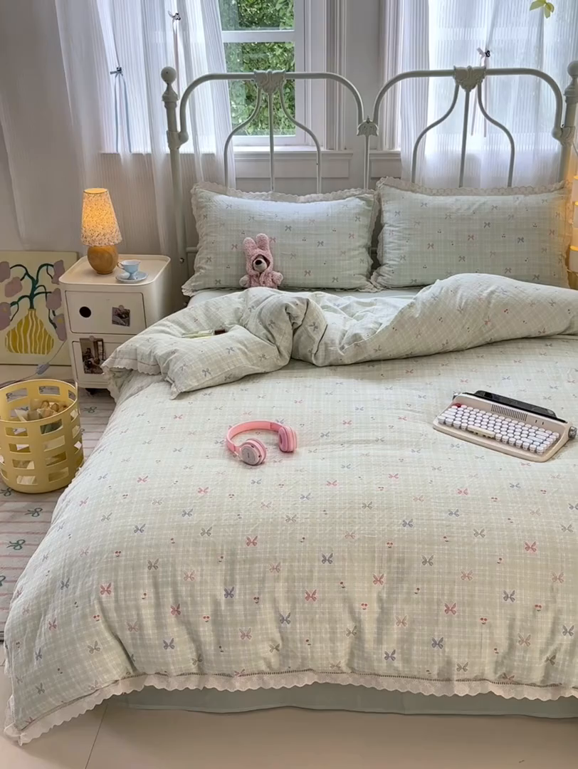 91家纺网 家纺一手货源 找家纺 曼之夏 2025新款小清新全棉双层纱四件套 可颂