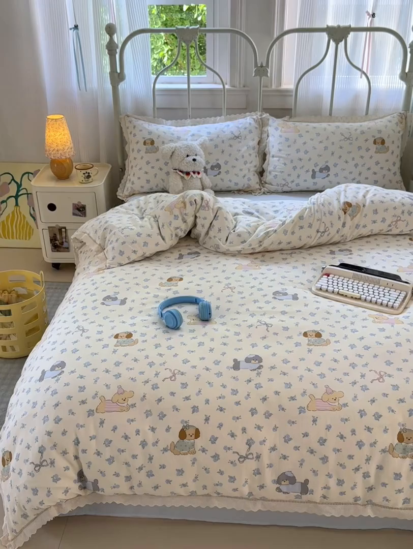 91家纺网 家纺一手货源 找家纺 曼之夏 2025新款小清新全棉双层纱四件套 哈基米