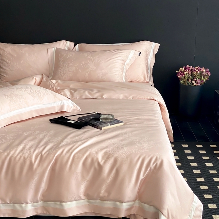 91家纺网 家纺一手货源 找家纺 馨蕊家居 2025新款天丝棉四件套-青黛 青黛-蔷薇粉