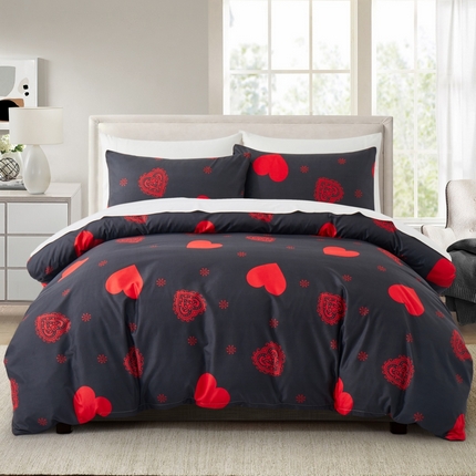 子不语家纺2025新款跨境外贸 大版印花三件套亚马逊Temu速卖 通Shein沃尔玛专供 65爱心黑