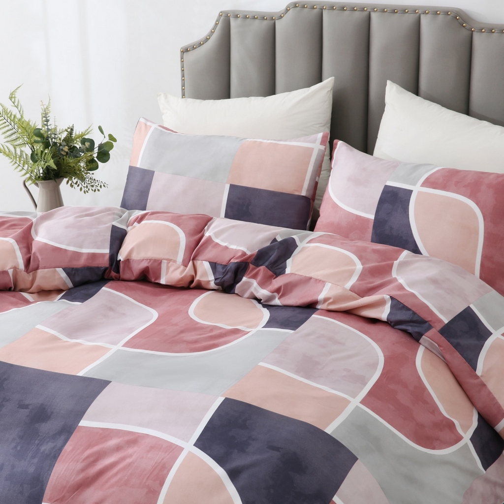 91家纺网 家纺一手货源 找家纺 子不语家纺2025新款跨境外贸 大版印花三件套亚马逊Temu速卖 通Shein沃尔玛专供 93粉棕几何