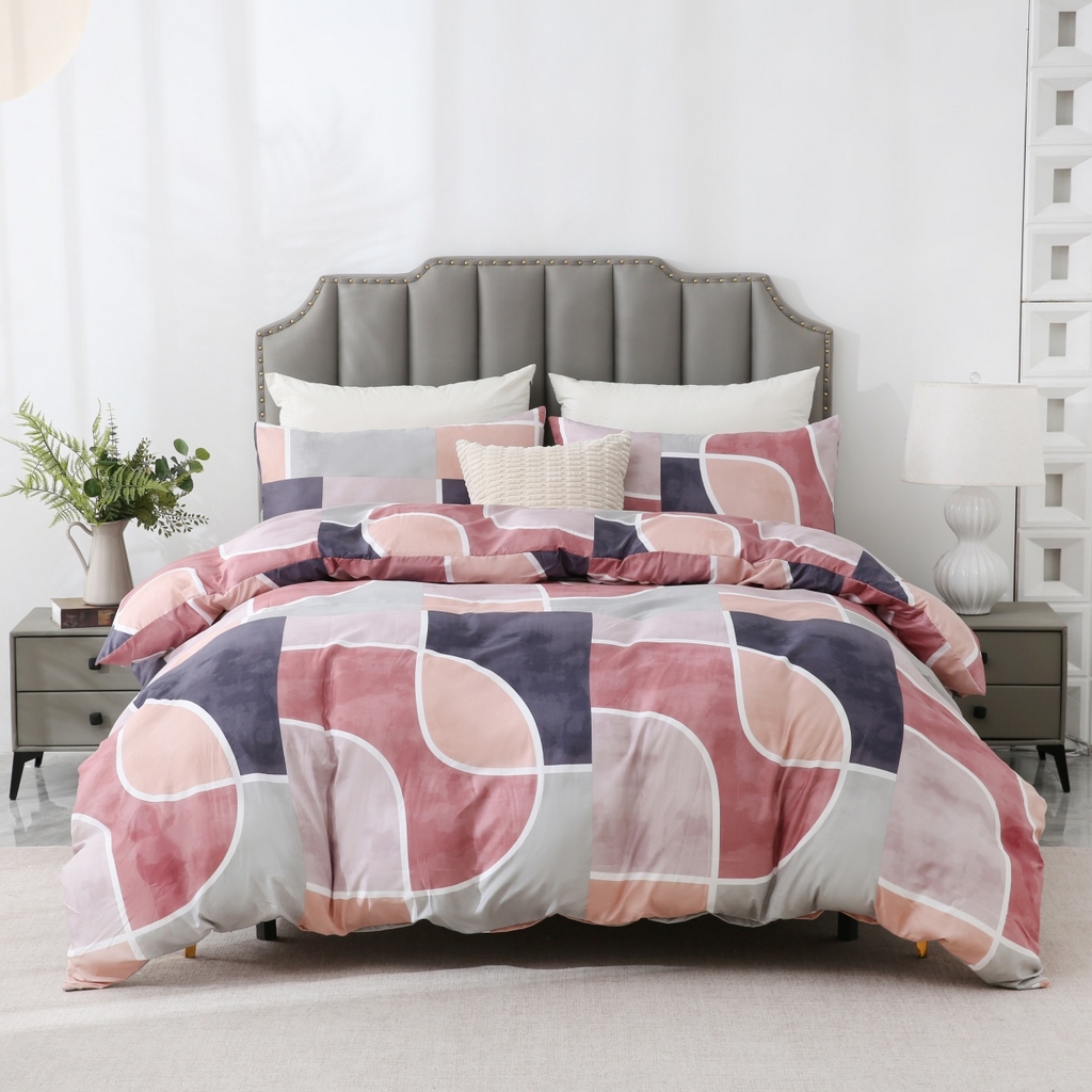 91家纺网 家纺一手货源 找家纺 子不语家纺2025新款跨境外贸 大版印花三件套亚马逊Temu速卖 通Shein沃尔玛专供 93粉棕几何