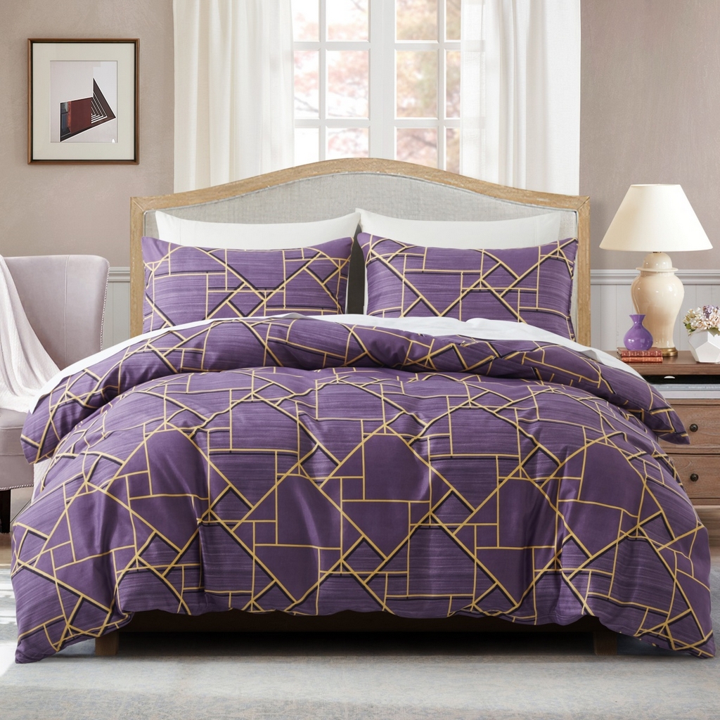 91家纺网 家纺一手货源 找家纺 子不语家纺2025新款跨境外贸 大版印花三件套亚马逊Temu速卖 通Shein沃尔玛专供 71几何图形紫