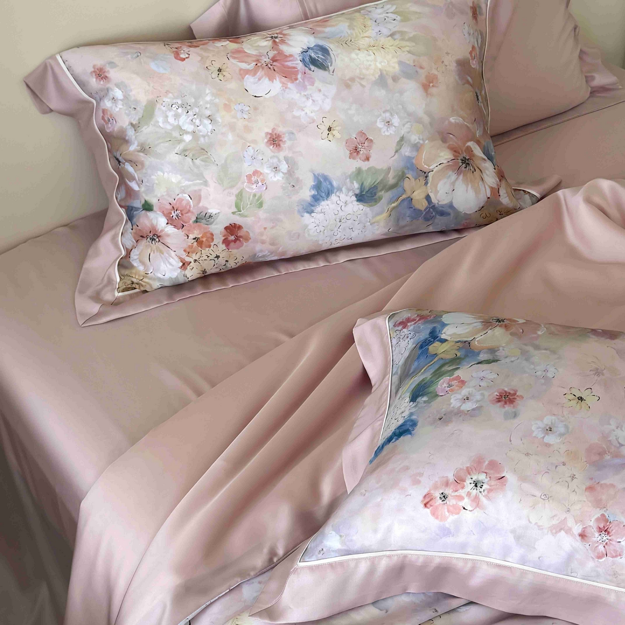 91家纺网 家纺一手货源 找家纺 馨蕊家居 2025新款春夏新品天丝印花80SLF奥地利兰精天丝四件套-朵美 天丝朵美-蔷薇粉