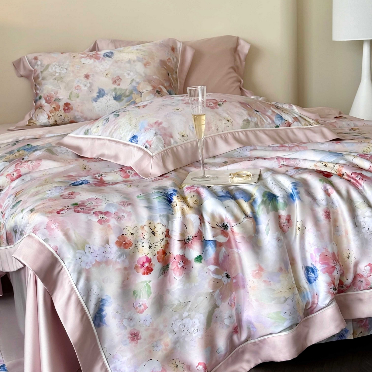 91家纺网 家纺一手货源 找家纺 馨蕊家居 2025新款春夏新品天丝印花80SLF奥地利兰精天丝四件套-朵美 天丝朵美-蔷薇粉