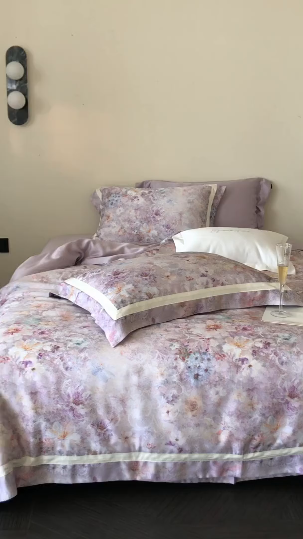 91家纺网 家纺一手货源 找家纺 （总）馨蕊家居  2025新款春夏新品天丝印花80SLF奥地利兰精天丝四件套-云烟