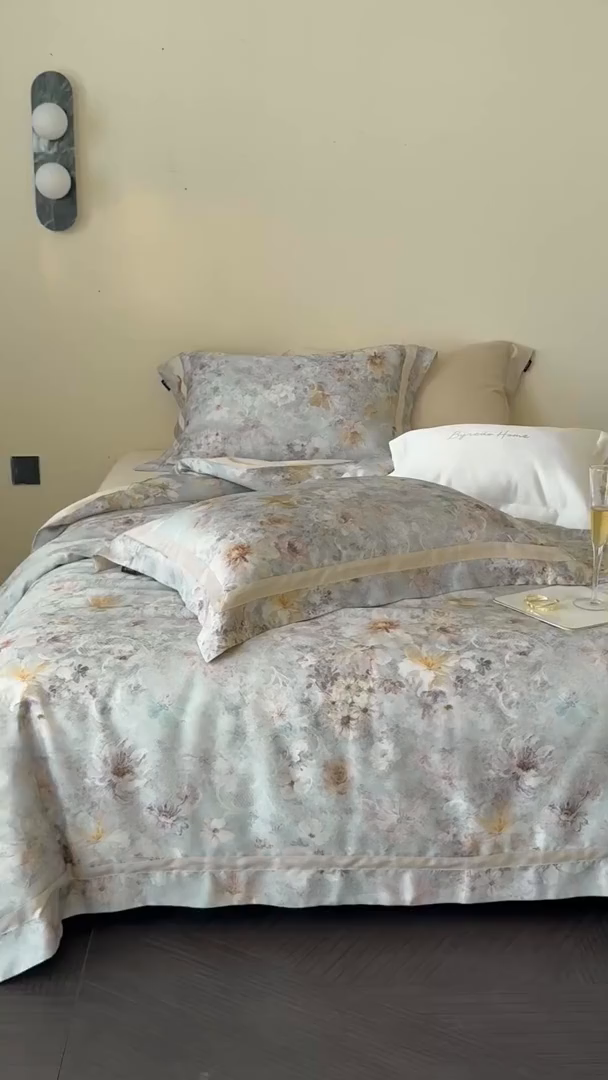 91家纺网 家纺一手货源 找家纺 馨蕊家居  2025新款春夏新品天丝印花80SLF奥地利兰精天丝四件套-云烟 天丝云烟-氧气绿