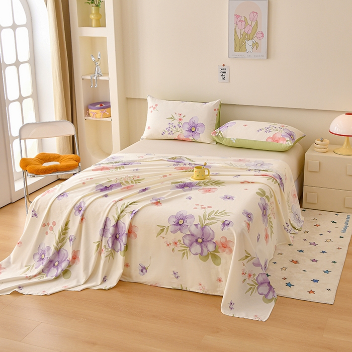 91家纺网 家纺一手货源 找家纺 宇彬家纺 2025直播新款13070全棉纯棉印花双人单床单枕套三件套喷气小清新简约学生被单