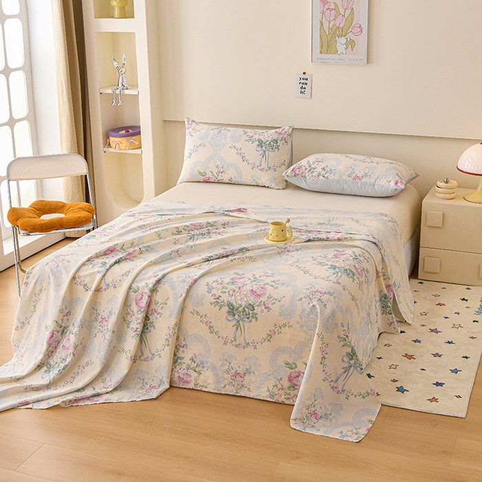 91家纺网 家纺一手货源 找家纺 宇彬家纺 2025直播新款13070全棉纯棉印花双人单床单枕套三件套喷气小清新简约学生被单