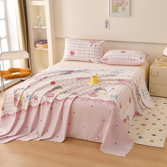 91家纺网 家纺一手货源 找家纺 宇彬家纺 2025直播新款13070全棉纯棉印花双人单床单枕套三件套喷气小清新简约学生被单