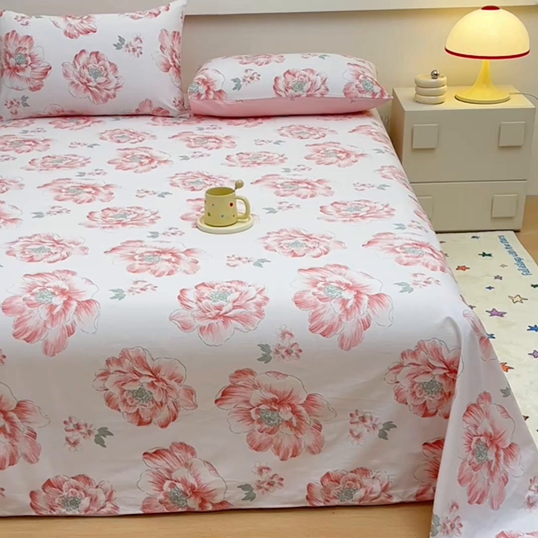 91家纺网 家纺一手货源 找家纺 宇彬家纺 2025直播新款13372全棉纯棉印花双人单床单枕套三件套喷气小清新简约学生被单