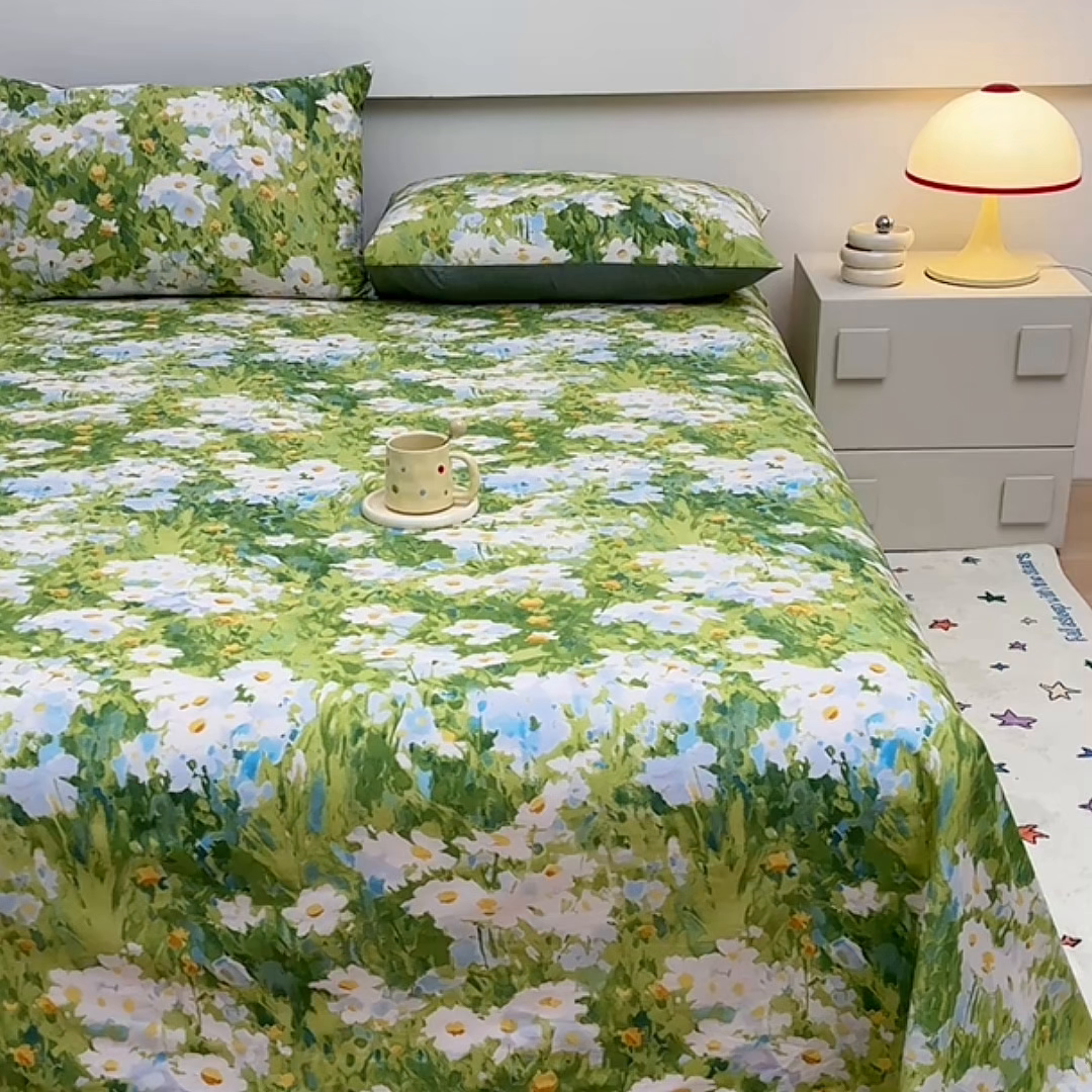 91家纺网 家纺一手货源 找家纺 宇彬家纺 2025直播新款13372全棉纯棉印花双人单床单枕套三件套喷气小清新简约学生被单