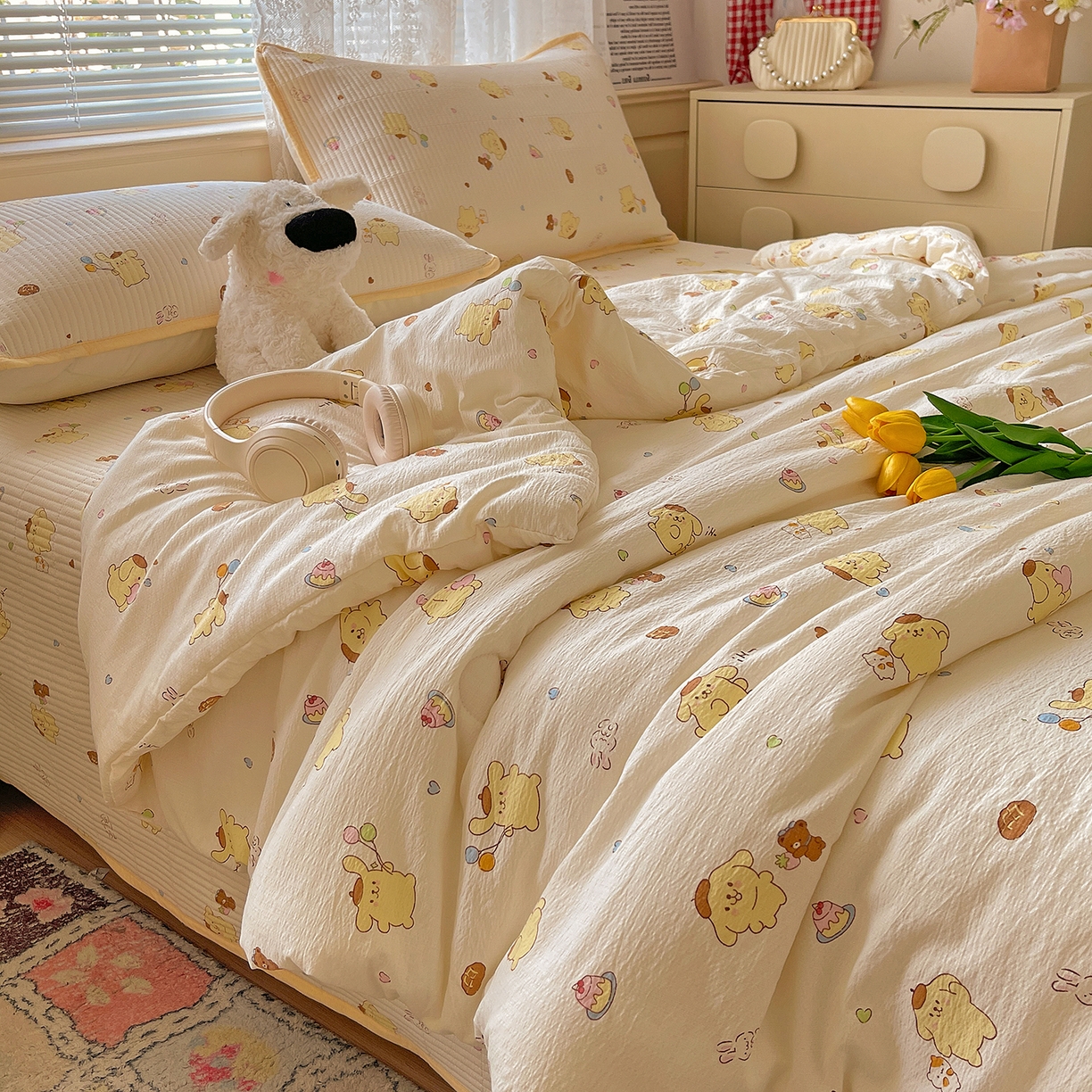 91家纺网 家纺一手货源 找家纺 繁花家居 2025新款超爆款床盖款夏被夏凉被空调被四件套 床盖款-布丁小狗