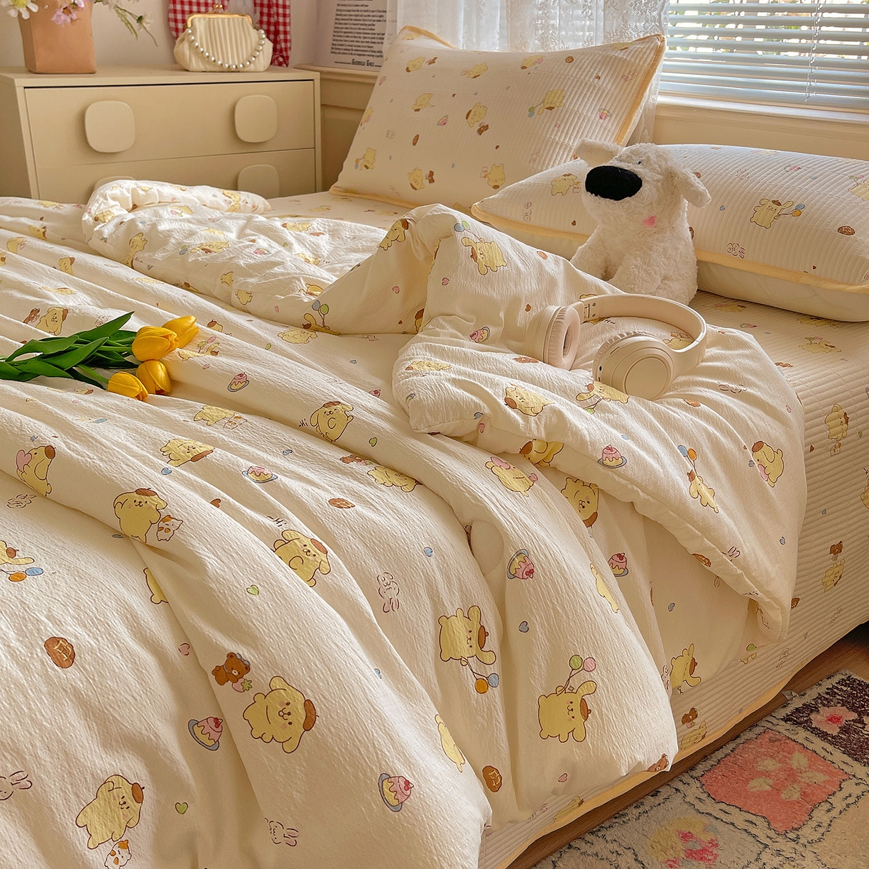 91家纺网 家纺一手货源 找家纺 繁花家居 2025新款超爆款床盖款夏被夏凉被空调被四件套 床盖款-布丁小狗