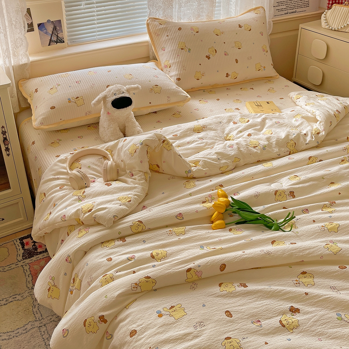 91家纺网 家纺一手货源 找家纺 繁花家居 2025新款超爆款床盖款夏被夏凉被空调被四件套 床盖款-布丁小狗