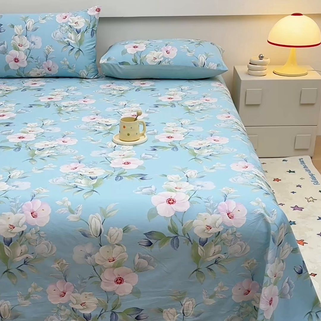 91家纺网 家纺一手货源 找家纺 宇彬家纺 2025直播新款13372全棉纯棉印花双人单床单枕套三件套喷气小清新简约学生被单