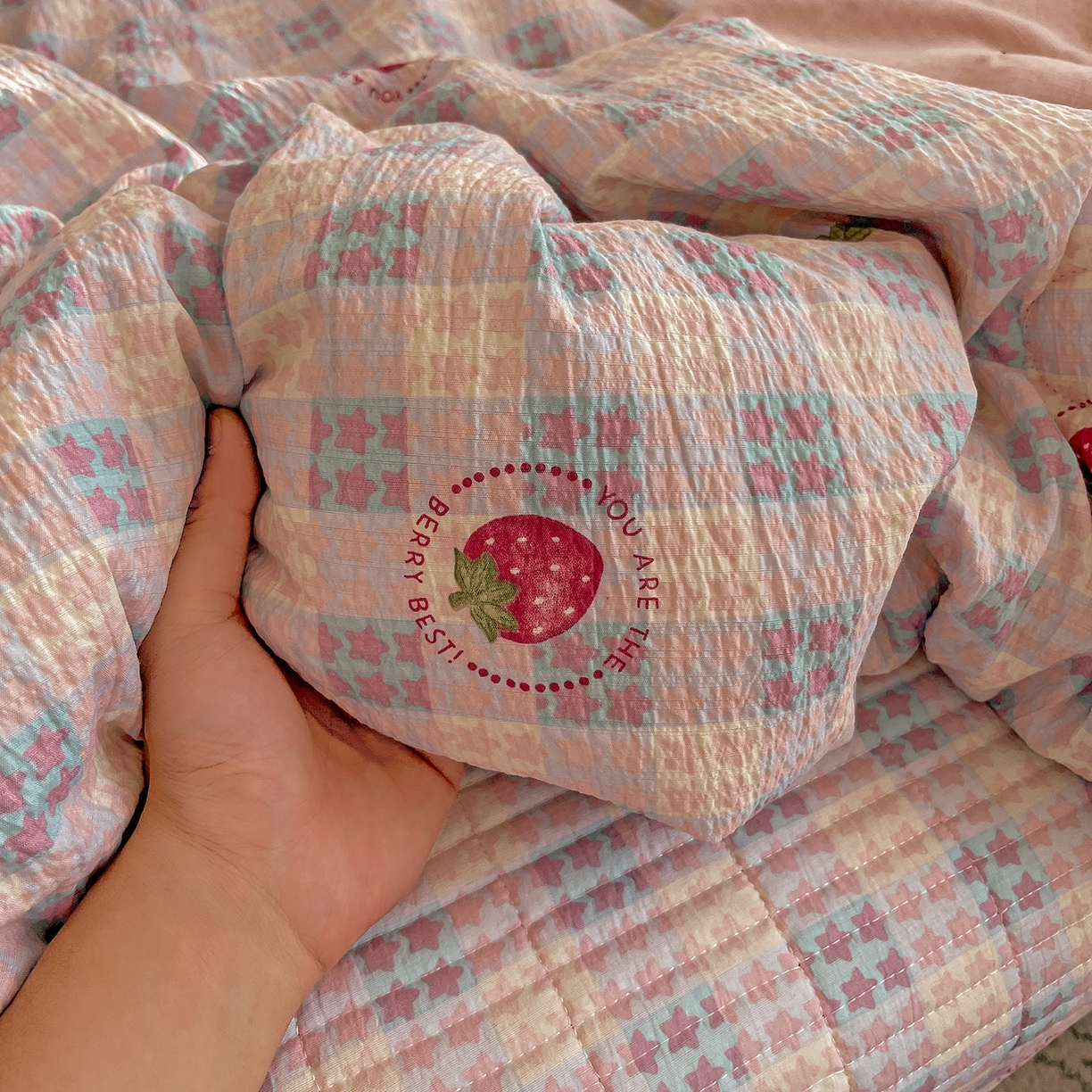 91家纺网 家纺一手货源 找家纺 繁花家居 2025新款超爆款床盖款夏被夏凉被空调被四件套 床盖款-草莓格子