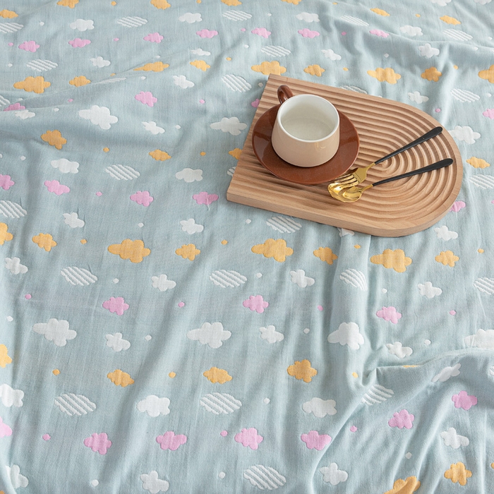 91家纺网 家纺一手货源 找家纺 乐家2023新款A类六层纱全棉纱布毯毛巾被 彩云豆青