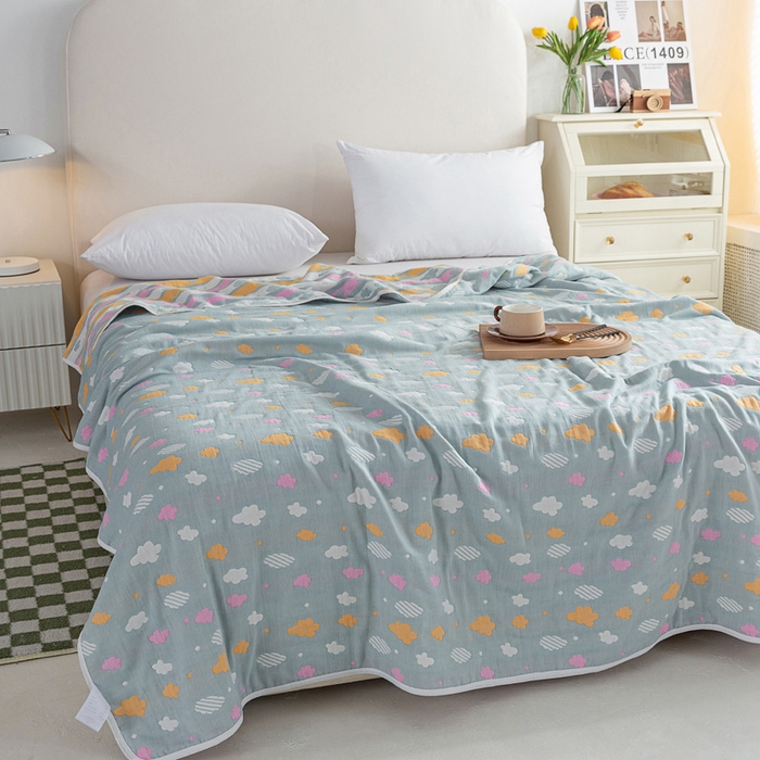 91家纺网 家纺一手货源 找家纺 乐家2023新款A类六层纱全棉纱布毯毛巾被 彩云豆青