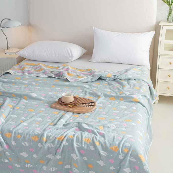 91家纺网 家纺一手货源 找家纺 乐家2023新款A类六层纱全棉纱布毯毛巾被 彩云豆青