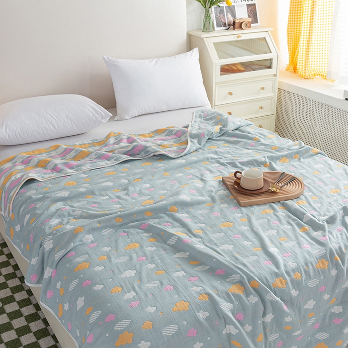 91家纺网 家纺一手货源 找家纺 乐家2023新款A类六层纱全棉纱布毯毛巾被 彩云豆青